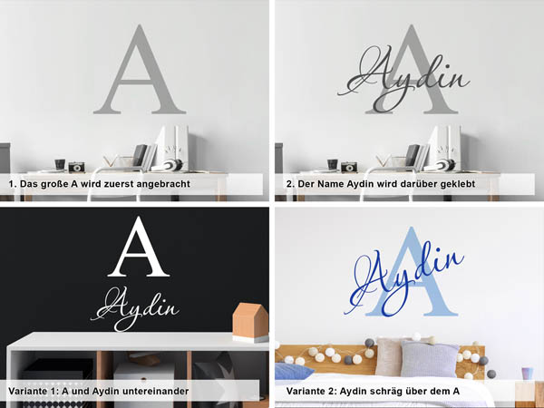 Verschiedene Anordnungen des Wandtattoos Aydin