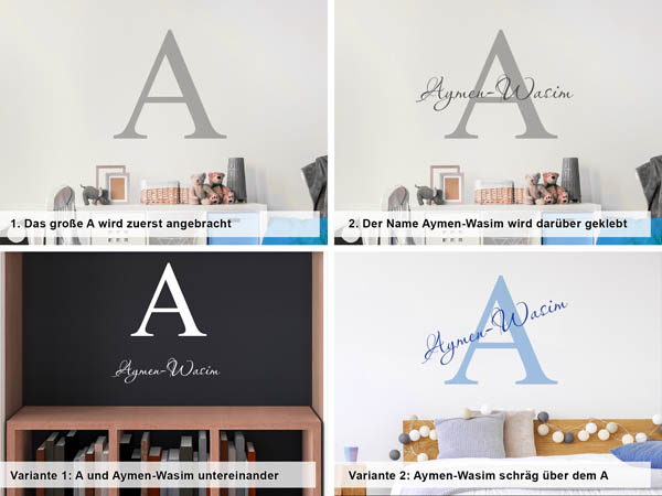 Verschiedene Anordnungen des Wandtattoos Aymen-Wasim