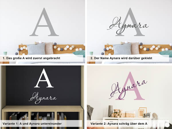 Verschiedene Anordnungen des Wandtattoos Aynara