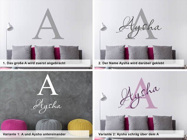 Verschiedene Anordnungen des Wandtattoos Aysha