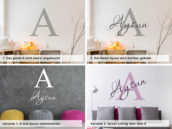 Verschiedene Anordnungen des Wandtattoos Aysun