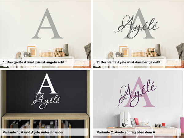 Verschiedene Anordnungen des Wandtattoos Ayélé
