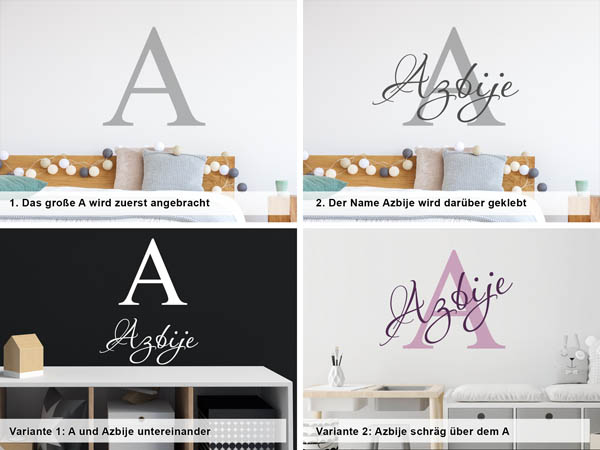 Verschiedene Anordnungen des Wandtattoos Azbije