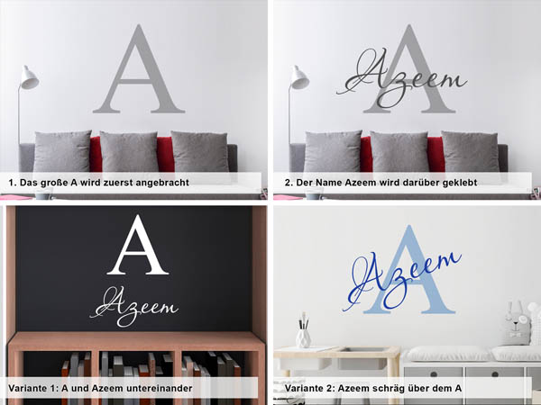 Verschiedene Anordnungen des Wandtattoos Azeem