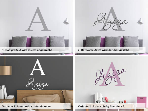 Verschiedene Anordnungen des Wandtattoos Aziza