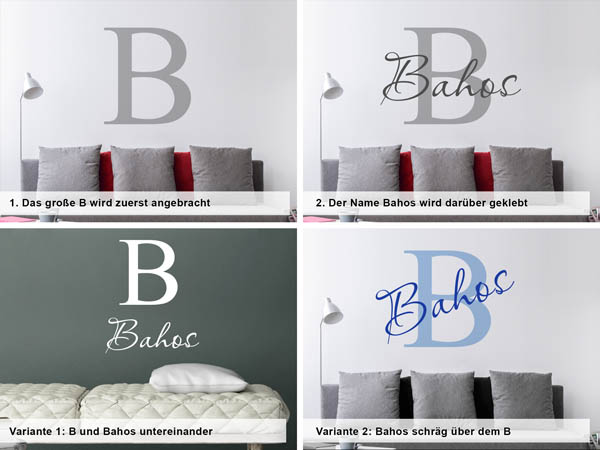 Verschiedene Anordnungen des Wandtattoos Bahos