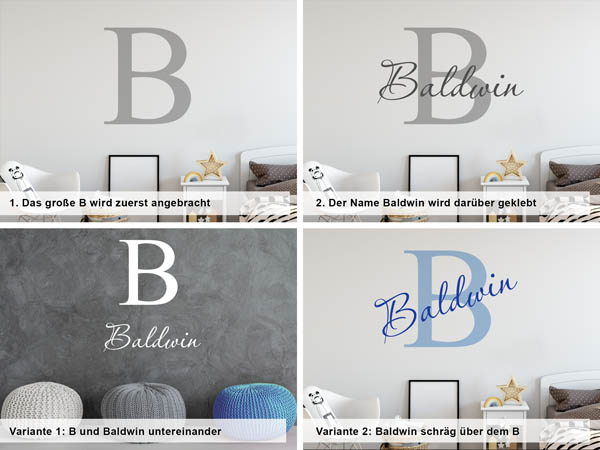 Verschiedene Anordnungen des Wandtattoos Baldwin