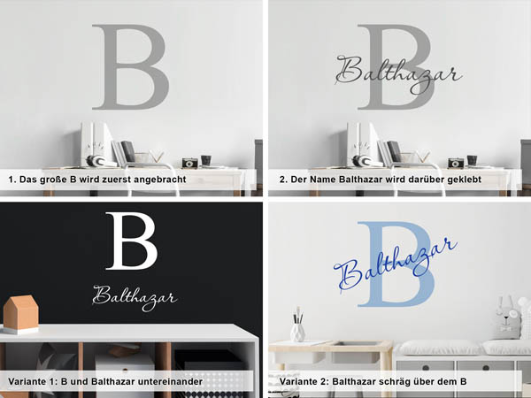 Verschiedene Anordnungen des Wandtattoos Balthazar