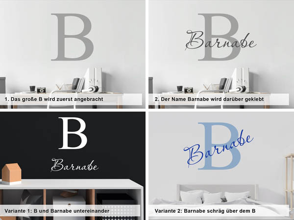 Verschiedene Anordnungen des Wandtattoos Barnabe