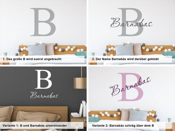 Verschiedene Anordnungen des Wandtattoos Barnabás