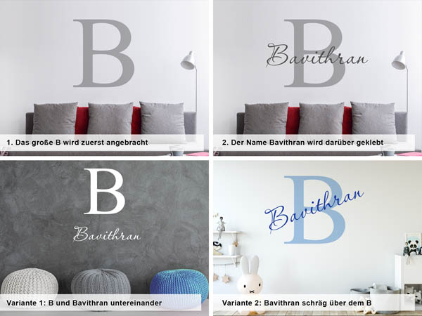Verschiedene Anordnungen des Wandtattoos Bavithran
