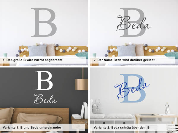 Verschiedene Anordnungen des Wandtattoos Beda