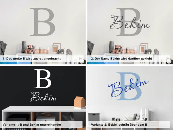 Verschiedene Anordnungen des Wandtattoos Bekim