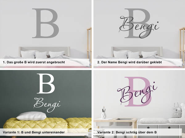 Verschiedene Anordnungen des Wandtattoos Bengi