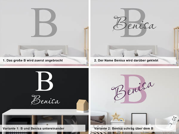 Verschiedene Anordnungen des Wandtattoos Benisa