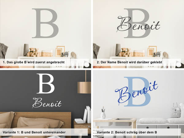 Verschiedene Anordnungen des Wandtattoos Benoit