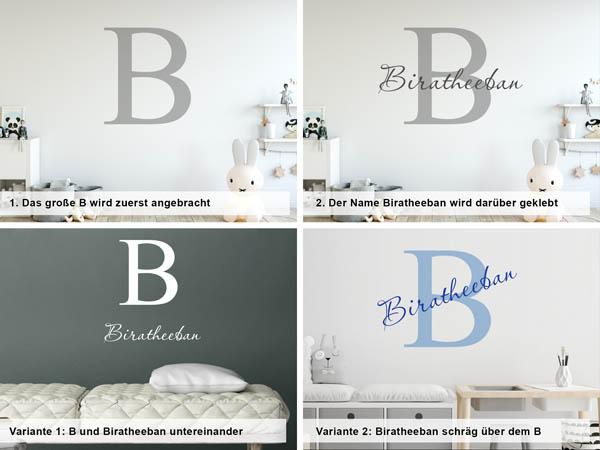 Verschiedene Anordnungen des Wandtattoos Biratheeban