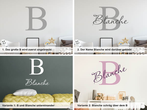 Verschiedene Anordnungen des Wandtattoos Blanche