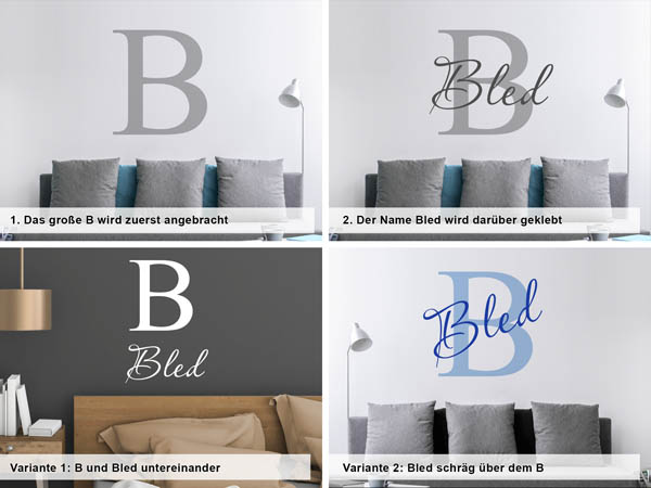 Verschiedene Anordnungen des Wandtattoos Bled