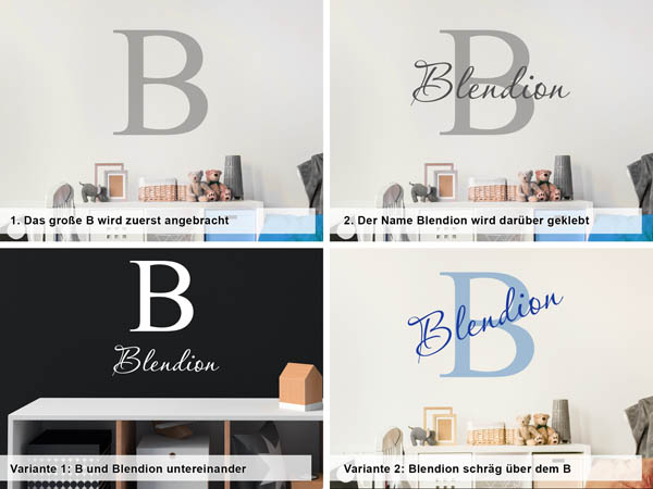Verschiedene Anordnungen des Wandtattoos Blendion