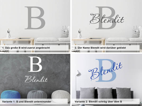 Verschiedene Anordnungen des Wandtattoos Blendit
