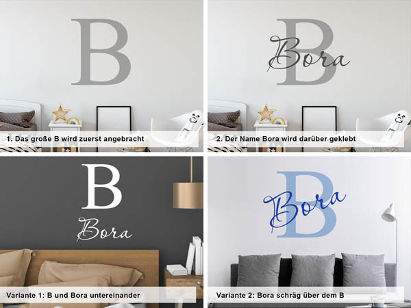 Verschiedene Anordnungen des Wandtattoos Bora