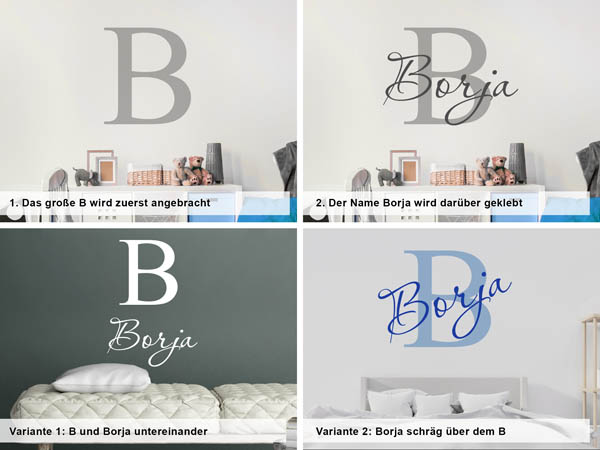 Verschiedene Anordnungen des Wandtattoos Borja
