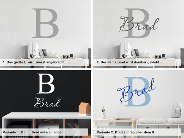 Verschiedene Anordnungen des Wandtattoos Brad