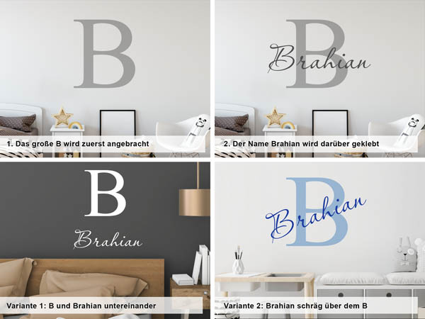 Verschiedene Anordnungen des Wandtattoos Brahian