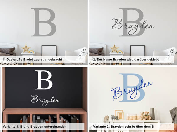 Verschiedene Anordnungen des Wandtattoos Brayden