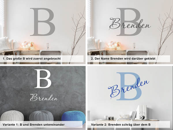 Verschiedene Anordnungen des Wandtattoos Brenden