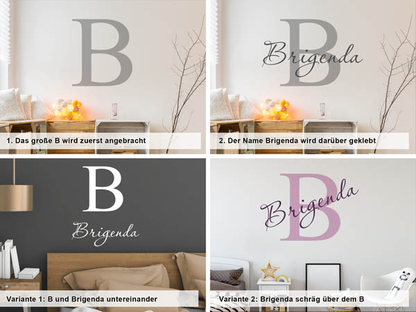 Verschiedene Anordnungen des Wandtattoos Brigenda