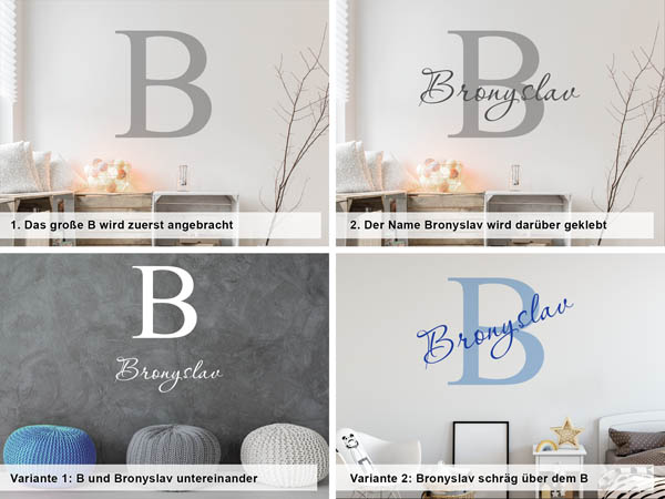 Verschiedene Anordnungen des Wandtattoos Bronyslav