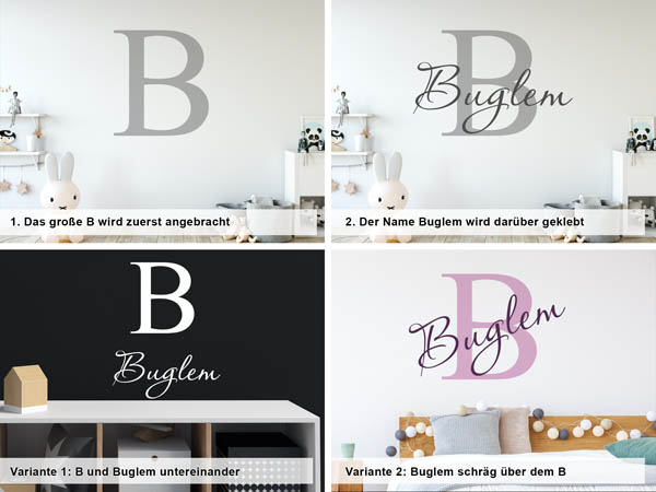 Verschiedene Anordnungen des Wandtattoos Buglem