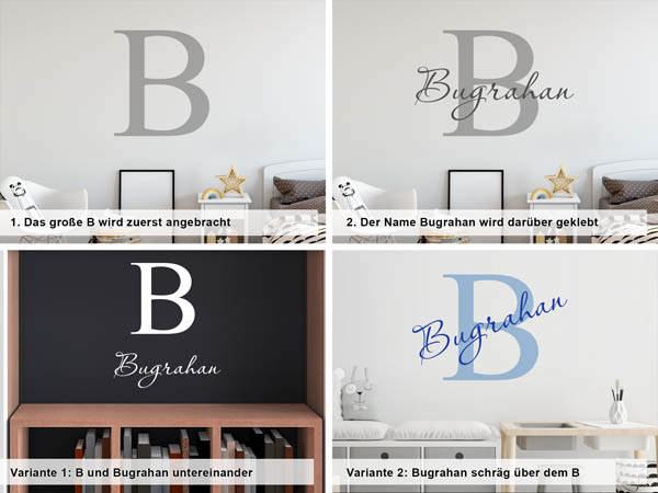 Verschiedene Anordnungen des Wandtattoos Bugrahan