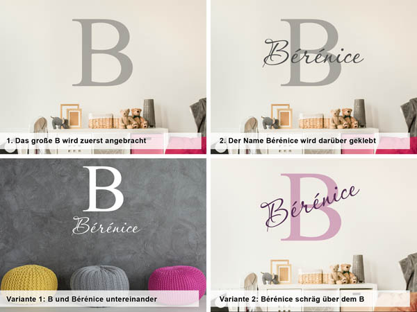 Verschiedene Anordnungen des Wandtattoos Bérénice
