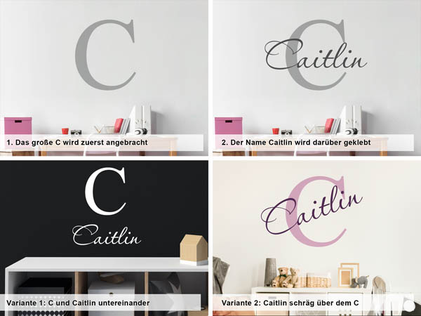 Verschiedene Anordnungen des Wandtattoos Caitlin