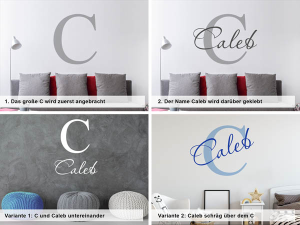 Verschiedene Anordnungen des Wandtattoos Caleb