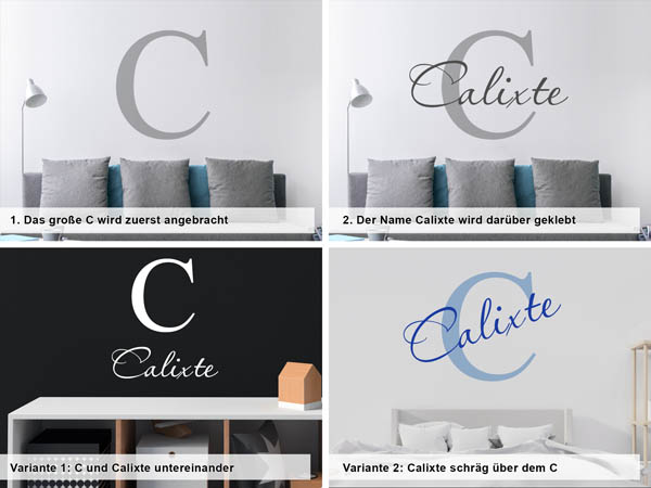 Verschiedene Anordnungen des Wandtattoos Calixte