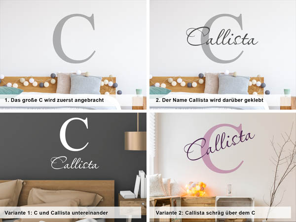 Verschiedene Anordnungen des Wandtattoos Callista