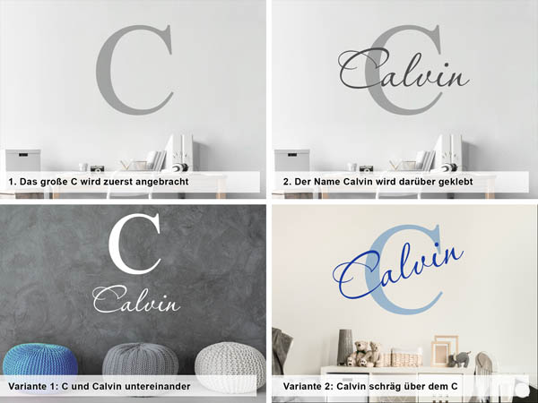 Verschiedene Anordnungen des Wandtattoos Calvin