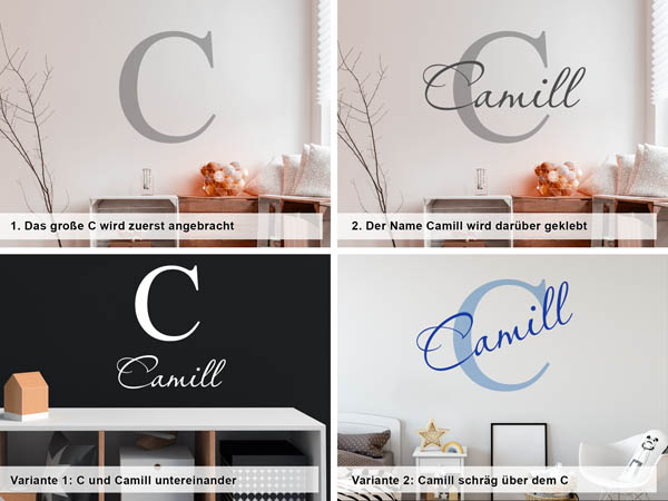 Verschiedene Anordnungen des Wandtattoos Camill