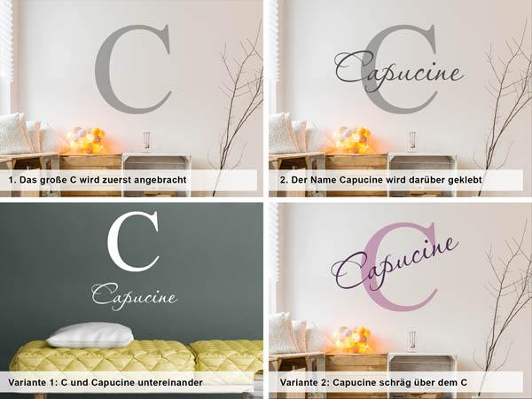 Verschiedene Anordnungen des Wandtattoos Capucine