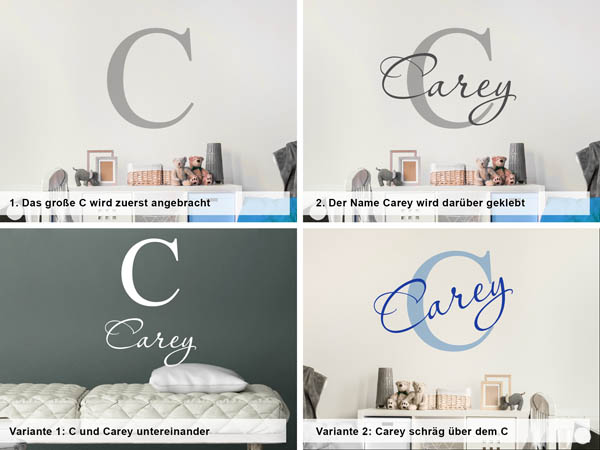 Verschiedene Anordnungen des Wandtattoos Carey