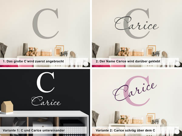 Verschiedene Anordnungen des Wandtattoos Carice