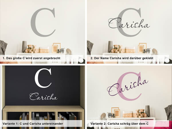 Verschiedene Anordnungen des Wandtattoos Carisha