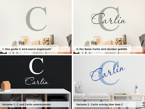 Verschiedene Anordnungen des Wandtattoos Carlin