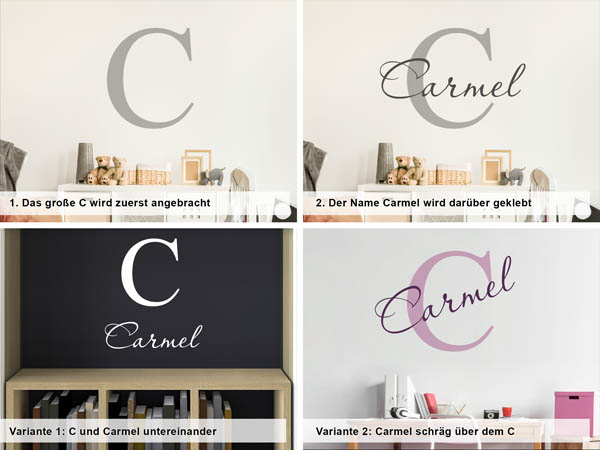 Verschiedene Anordnungen des Wandtattoos Carmel