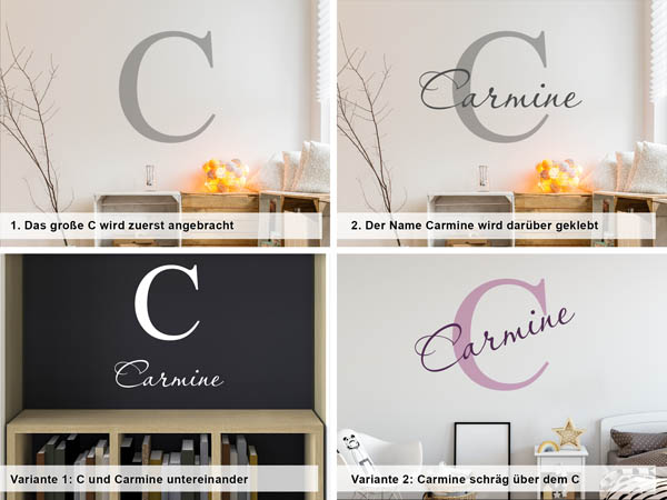 Verschiedene Anordnungen des Wandtattoos Carmine