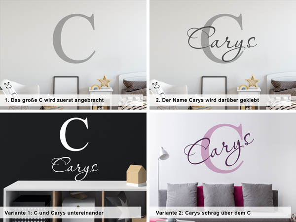 Verschiedene Anordnungen des Wandtattoos Carys